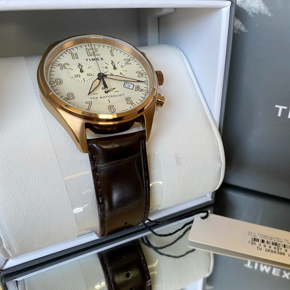 Timex Men's Watch Waterbury Quartz Chrono Tan Dial Brown Leather Strap TW2R88300
